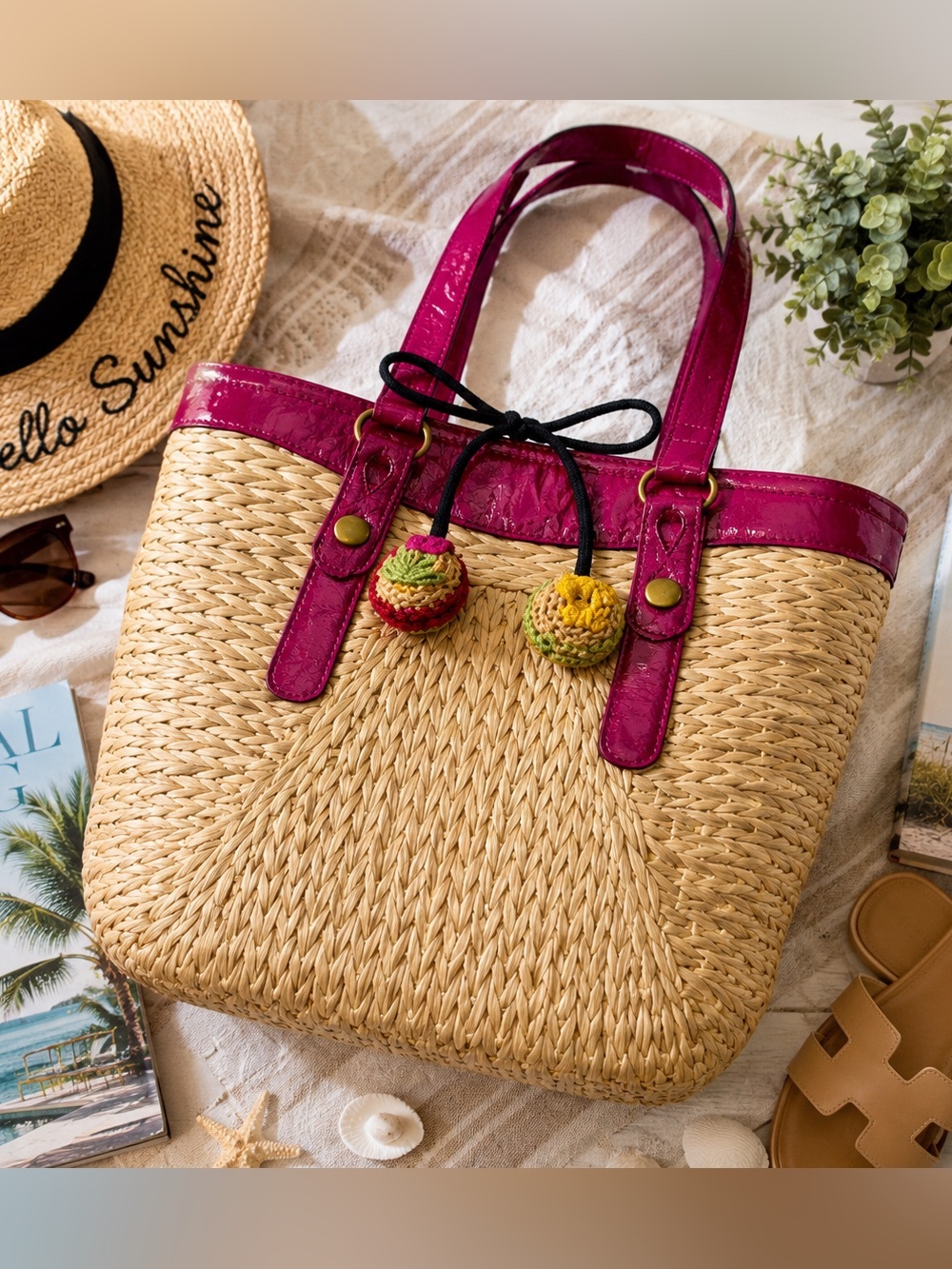 Lucky Brand Woven Straw Tote Bag Pink Trim Pom Pom Beach Resort Boho